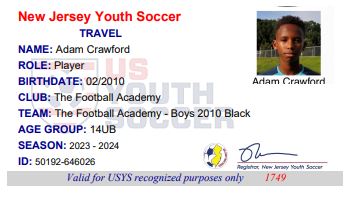 Example youth soccer player card showing typical format and information
